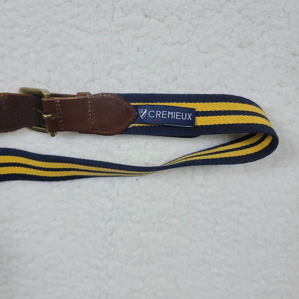 Cremieux Webbed Striped Belt Mens 38 Navy Yellow Leather Trim Brass Buckle Woven